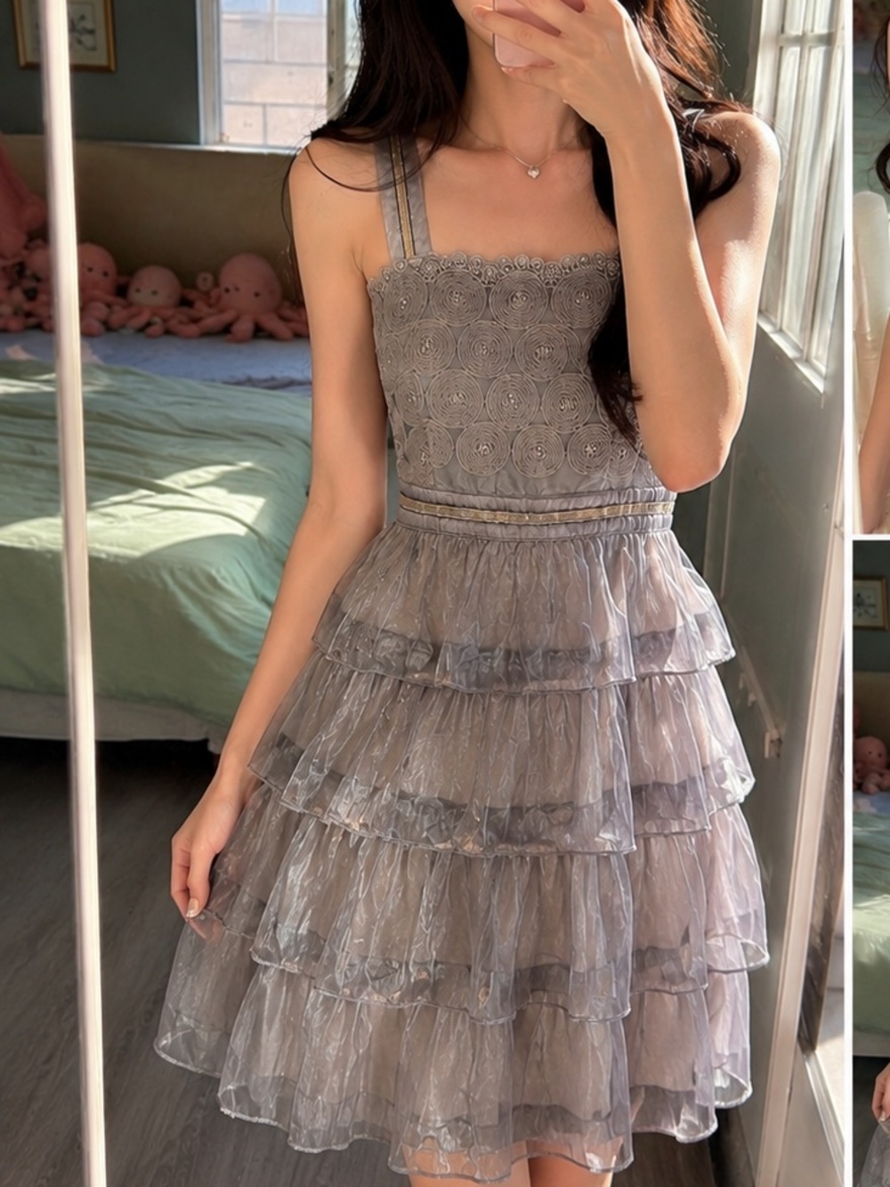 Vintage Fairycore Silver Gray Tiered Organza Dress Lace Trim Y2K